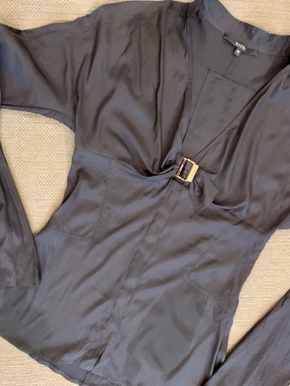 Gucci Black Silk Fitted Blouse with Gold Buckle Enclosure and deep V Neckline